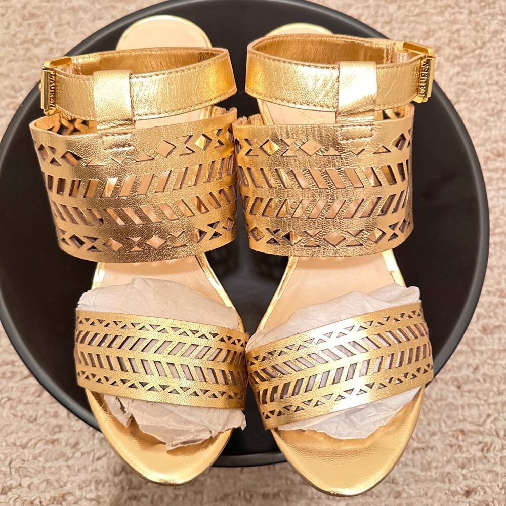 Gold Geometric Cut-Out Wedge Sandals – Size 8.5